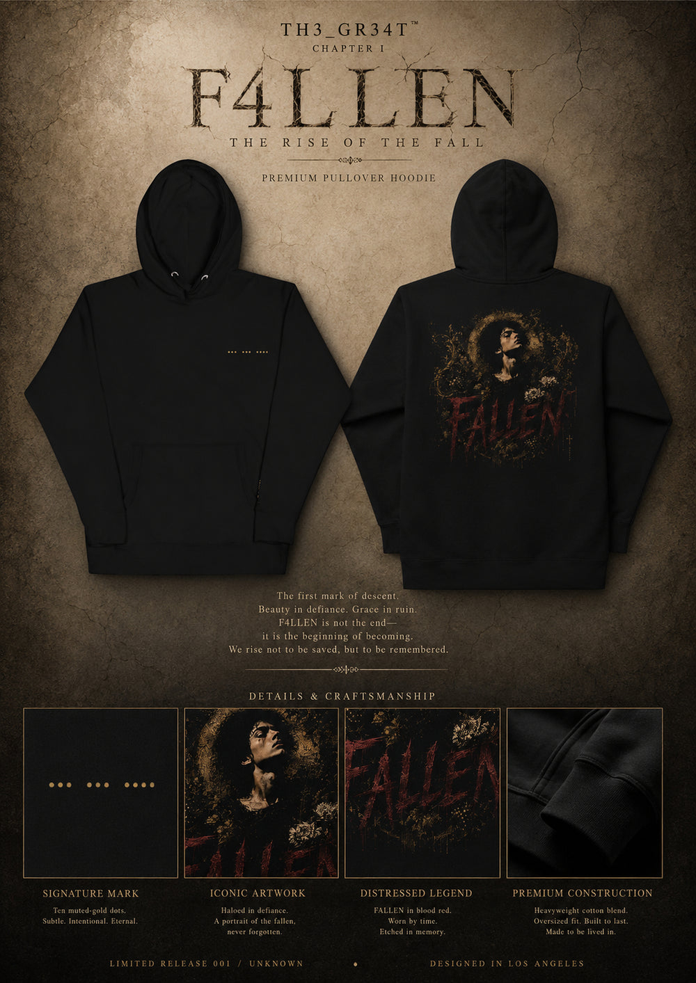 Black hoodie with 'Fallen' design on a textured brown background